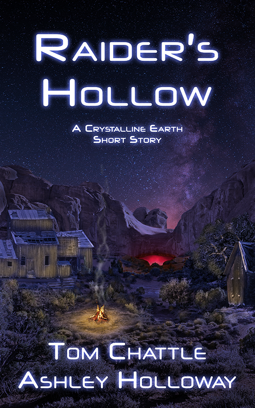 The cover of Raider's Hollow. A valley at night, lit by a camp fire. Dilapidated wooden buildings are in front of a cave with an ominous red glow coming from within.